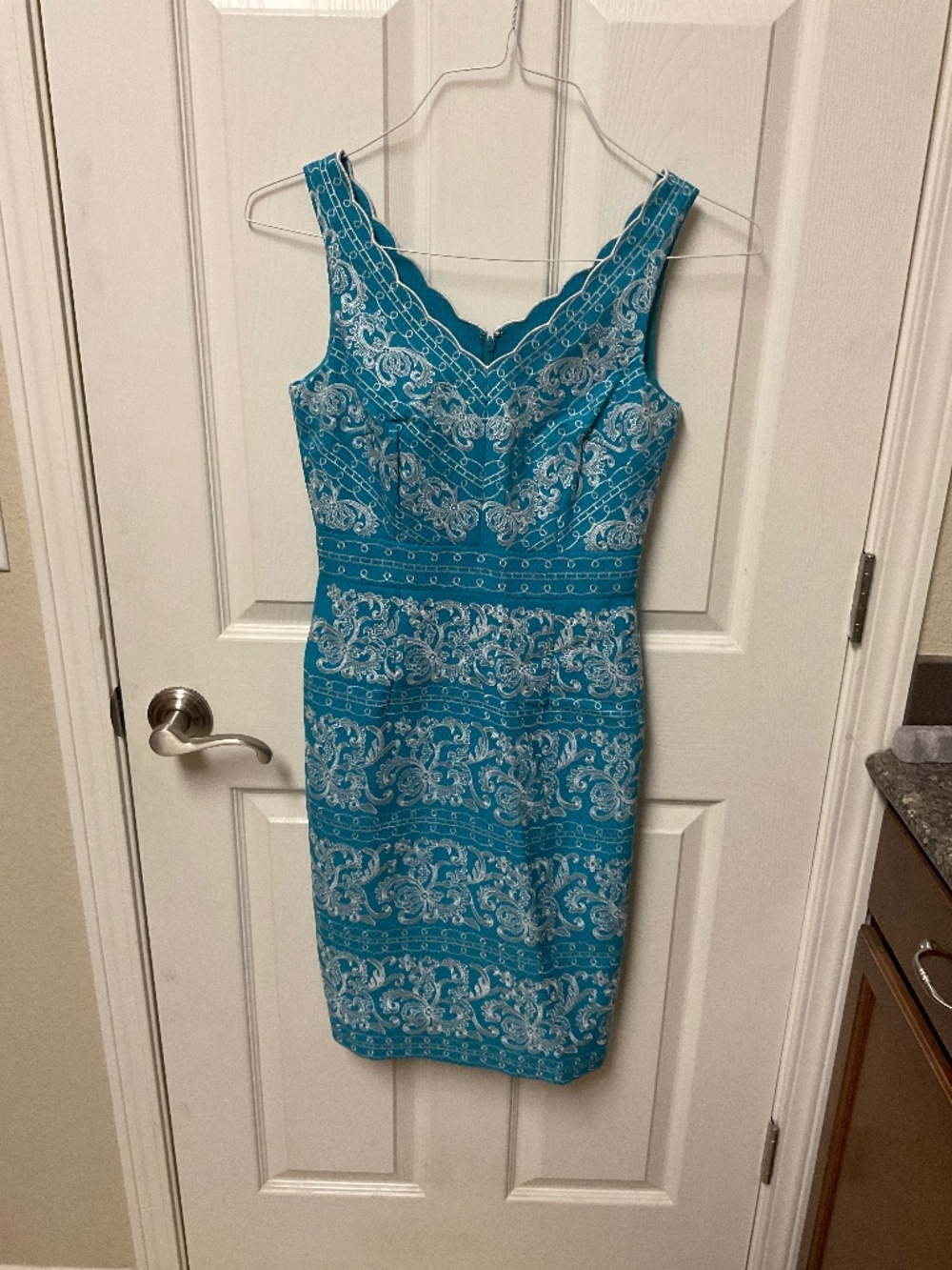 Antonio Melani size 0.  Stylish aqua and white summer dress.  Already cleaned.